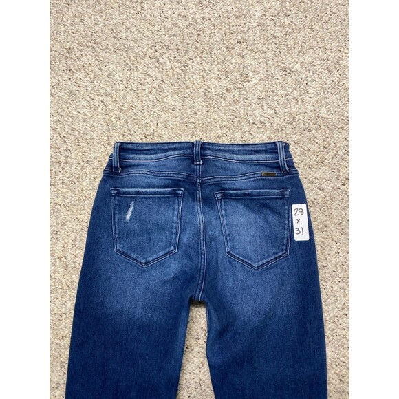 28 Kancan High Rise Distressed Flare Raw Fray Hem Dark Wash Blue - Picture 4 of 7